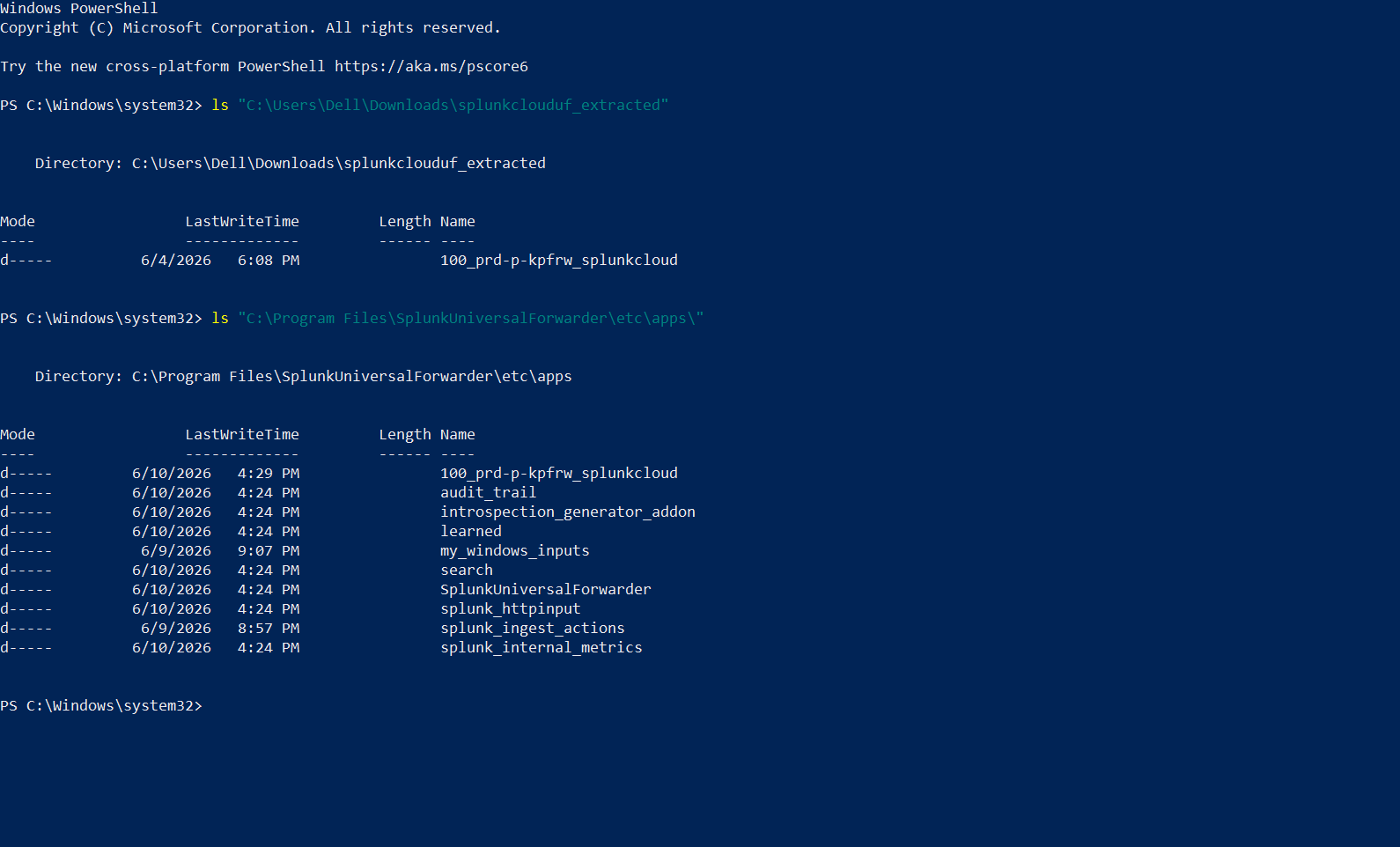 PowerShell showing Active forwards connected to Splunk Cloud