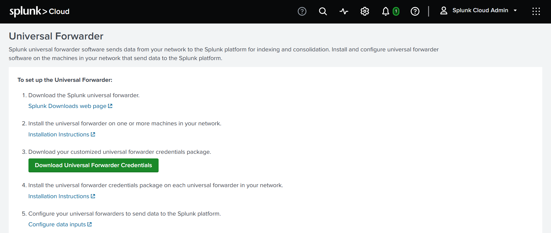 Download Universal Forwarder Credentials button