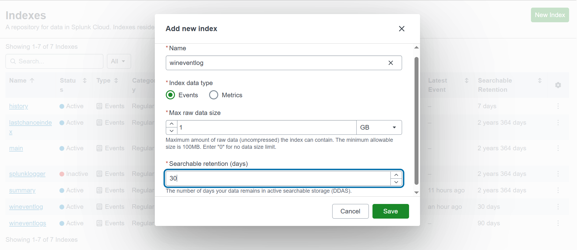 Splunk Cloud Indexes page