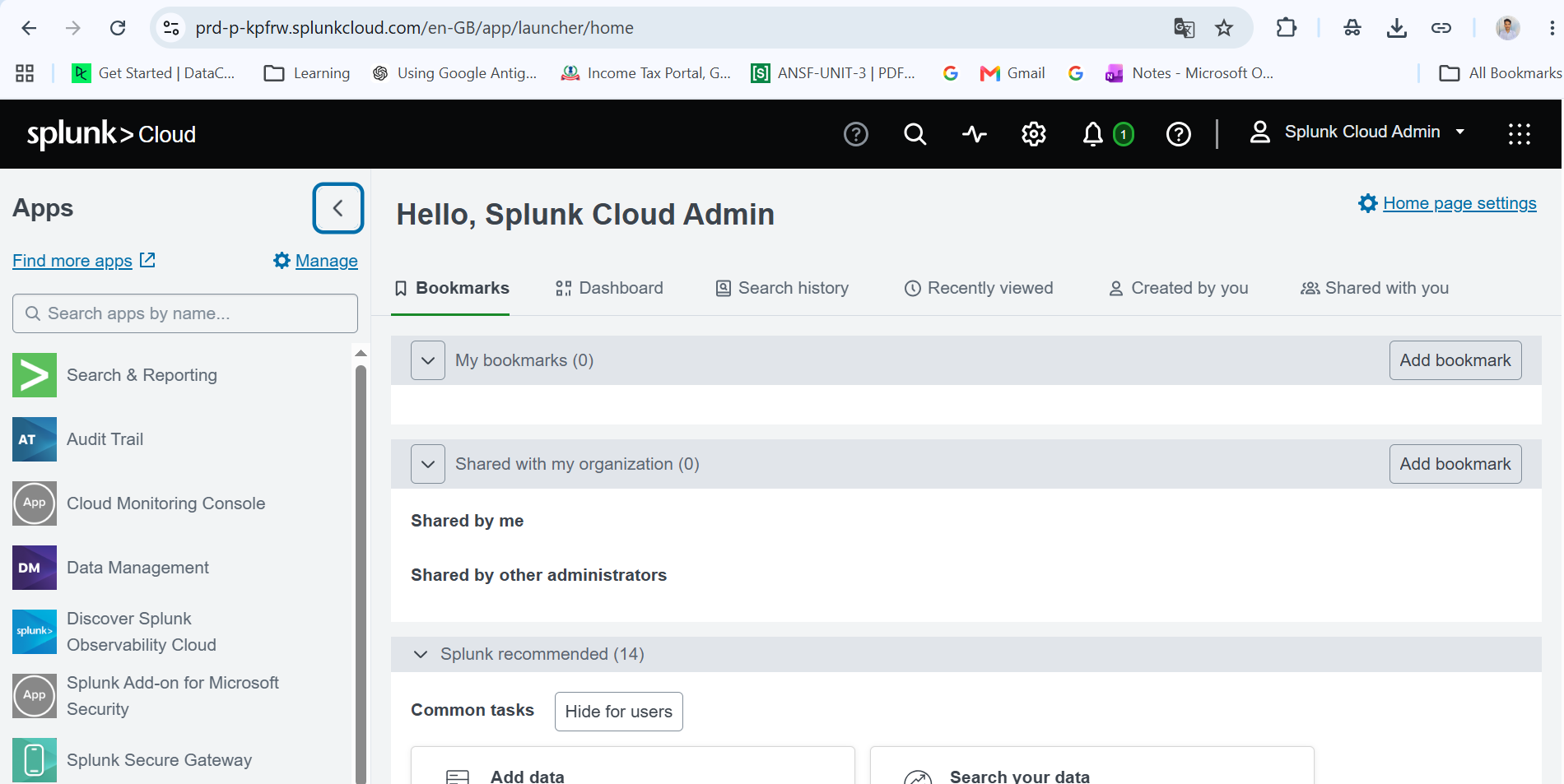 Splunk Cloud Dashboard after login